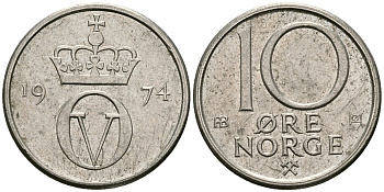 Норвегия 10 эре 1974 Улаф V (1958-1991) KM 416 медно-никель 84-358