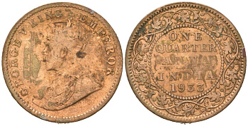 Британская Индия 1/4 анна 1933 Георг V (1910-1936) KM 512 бронза 4579-123