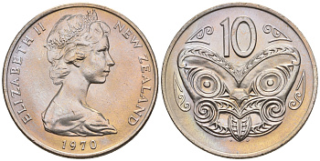 Новая Зеландия 10 центов 1970 Елизавета II (1952-2022), маска маори KM 41.1 медно-никель  UNC  4182-1136
