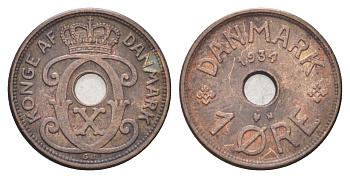 Дания 1 эре 1934 N, Кристиан X (1912-1947) KM 826 бронза 4701-564