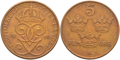 Швеция 5 эре 1930 Густав V (1907-1950) KM 779.2 бронза 4111-132