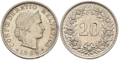 Швейцария 20 раппенов 1969 В KM 29а медно-никель 4566-1224
