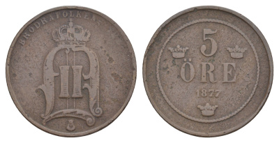 Швеция 5 эре 1877 Оскар II (1872-1907) KM 736 бронза 4654-936