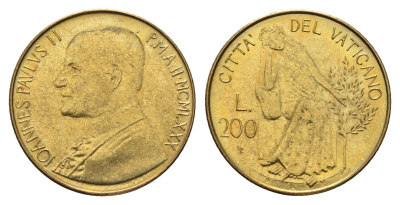 Ватикан 200 лир 1980 MCMLXXX KM 147 алюминиевая бронза UNC 54-2143