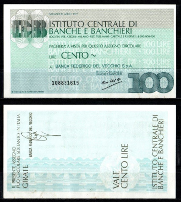 Италия чек 100 лир 1977 Pick G1333 a бумага aUNC 2198-16-2-1