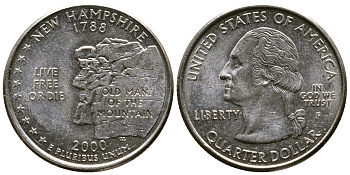 США 25 центов = квотер 2000 Р, серия штаты США, Нью-Гэмпшир KM 308 медь плакированная медно-никелем 56-654