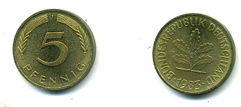 ФРГ 5 ПФЕННИГОВ 1983 J KM 107, J. 382 сталь плакированная латунью 46-2231