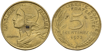Франция 5 сантимов 1972 тип Марианна KM 933 медь алюминий никель    4152-1222