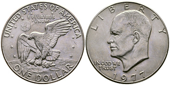 США 1 доллар 1977 D, Президент Эйзенхауэр, лунный орел KM А203 медь плакированная медно-никелем UNC 74-512