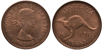 Австралия 1 пенни 1964 m, Елизавета II (1952-2022), кенгуру KM 56 бронза UNC 3460-423