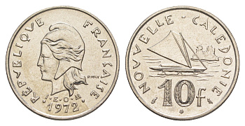 Французская Новая Каледония 10 франков 1972 лодка KM 11 никель UNC 4641-154