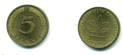 ФРГ 5 ПФЕННИГОВ 1983 J KM 107, J. 382 сталь плакированная латунью 46-2231