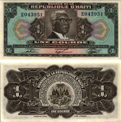 ГАИТИ 1 ГУРД 1979 (1980-1982) СЕРИЯ EO, ПРЕЗИДЕНТ ФРАНСУА ДЮВАЛЬЕ, ABNC, СВЕТИТСЯ В УЛЬТРАФИОЛЕТЕ Pick 230 бумага UNC (ПРЕСС) 2192-18-3-2