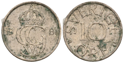 Швеция 10 эре 1981 U Карл XVI Густав (1973- ) KM 850 медно-никель 220-742