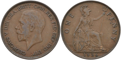 Великобритания 1 пенни 1936 Георг V (1910-1936) KM 838, Spink 4055 бронза 4144-846