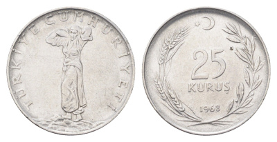 Турция 25 курушей 1968 KM 892.3 нержавеющая сталь 4706-1125