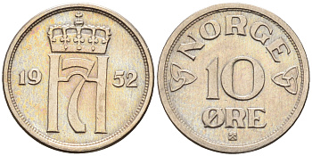 Норвегия 10 эре 1952 Хокон VII (1905-1957) КМ 396 медно-никель    4169-321