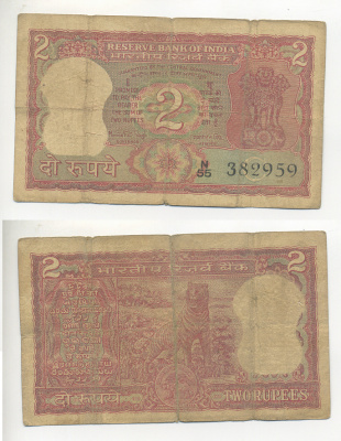 ИНДИЯ 2 РУПИИ 1984-1985 ТИГР, БУКВА С, ПОДПИСЬ 83 Pick 53g бумага 7221-80-1