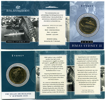 АВСТРАЛИЯ 1 ДОЛЛАР 2000 АВСТРАЛИЙСКИЙ ВОЕННЫЙ КОРАБЛЬ HMAS СИДНЕЙ, ПОТОПЛЕН В 1941 ГОДУ, В ОРИГИНАЛЬНОМ БУКЛЕТЕ, MINT S KM 422 никель алюминий медь UNC 06-081-79