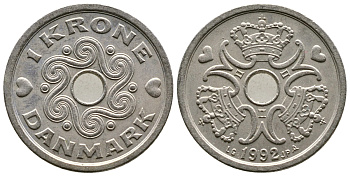 ДАНИЯ 1 КРОНА 1992 LG; JP; A, МАРГРЕТЕ II (1972-) KM 873.1 медно-никель 89-1855