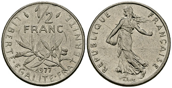 Франция 1/2 франка 1977 сеятель KM 931 никель 4135-717