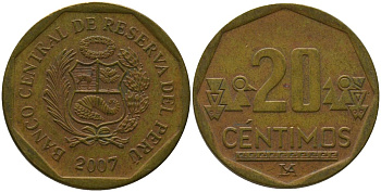 Перу 20 сентимо 2007 LIMA KM 306.4, Schon 105 латунь 4543-1152
