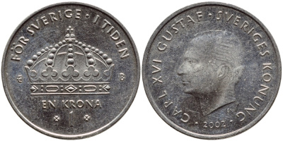 Швеция 1 крона 2002 Карл XVI Густав (1973- ) KM 894 медно-никель 4380-317