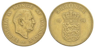 Дания 2 кроны 1954 N, Фредерик IX (1947-1972) KM 838 алюминиевая бронза 4653-523