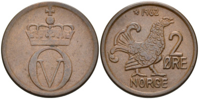 НОРВЕГИЯ 2 ЭРЕ 1962 КУРИЦА KM 410 бронза 75-134
