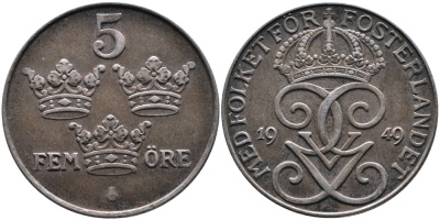 Швеция 5 эре 1949 Густав V (1907-1950) KM 812 железо 4389-136