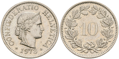 Швейцария 10 раппенов 1973 KM 27 медно-никель 4364-1336
