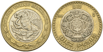 Мексика 10 песо 1998 Мо, бог Тонатиуха с огненной маской KM 616 биметалл 87-743