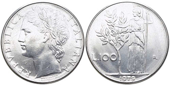 ИТАЛИЯ 100 ЛИР 1979 R, АФИНА KM 96.1 нержавеющая сталь 109-1211