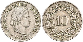 ШВЕЙЦАРИЯ 10 РАППЕНОВ 1922 В KM 27 медно-никель 66-832