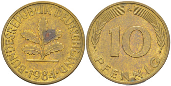 ФРГ 10 ПФЕННИГОВ 1984 G KM 108, J. 383 сталь плакированная латунью 4182-937
