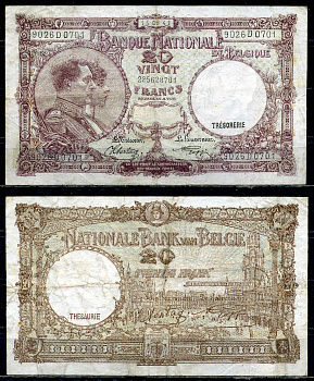 Бельгия 20 франков 1941 15.09.1941, Король Альберт I и его жена Королева Елизавета, Гран-Плас / Гроте Маркт, Брюссель Pick 111 (2) бумага 6301-30-1-1