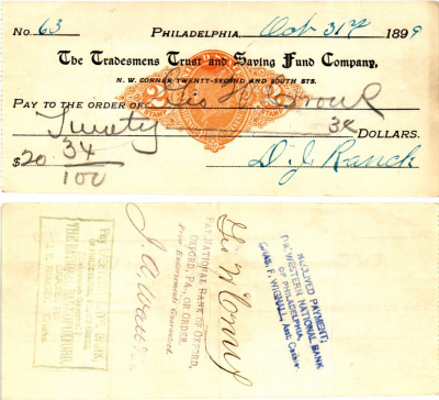 США чек на 20,34 долларов 1899 Филадельфия бумага 2196-35-2-2