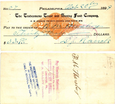США чек на 33 долларов 1899 Филадельфия бумага 2196-35-1-1