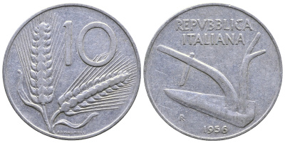 ИТАЛИЯ 10 ЛИР 1956 R, ПЛУГ KM 93 алюминий 4383-954