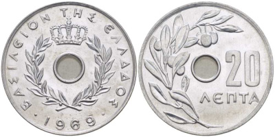 Греция 20 лепта 1969 Константин II (1964-1974), оливковая ветвь KM 79 алюминий UNC 28-833