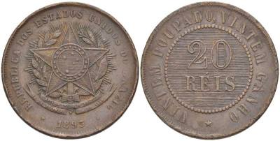 Бразилия 20 рейс 1893 Республика KM 490 бронза    1515-114