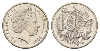 Австралия 10 центов 2001 Елизавета II (1952-2022), птица лирахвост KM 402 медно-никель 4384-423