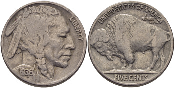 США 5 ЦЕНТОВ 1936 ИНДЕЕЦ, БИЗОН KM 134 медно-никель 63-726