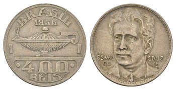 Бразилия 400 реалов 1936 Освалду Крус KM 539 медно-никель 4624-1214