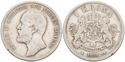 Швеция 1 крона 1898 EB, Оскар II (1872-1907) король Швеции и Норвегии. король Швеции и Норвегии KM 760 серебро 1523-1143