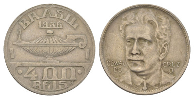 Бразилия 400 реалов 1936 Освалду Крус KM 539 медно-никель 4624-1214