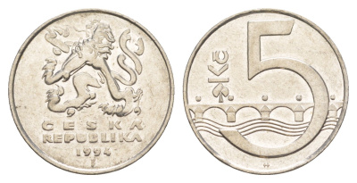 Чехия 5 крон 1994 чешский лев, Карлов KM 8 сталь плакированный никелем 4166-111