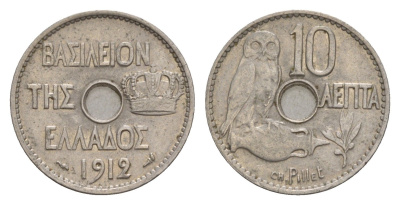 Греция 10 лепт 1912 Георг I (1863-1913), сова KM 63 никель 4655-358