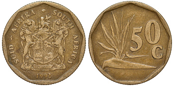 ЮАР 50 центов 1992 цветок KM 137 сталь плакированная латунью 4163-947