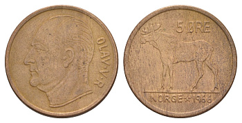 Норвегия 5 эре 1966 Улаф V (1957-1991) KM 405 бронза 4635-613